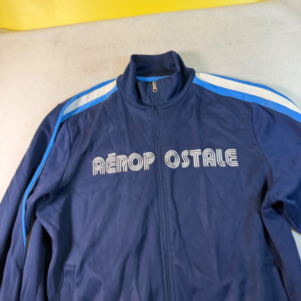Aeropostale Mens XL Navy Blue Striped Sleeve Full Zip Track Jacket Mock Neck